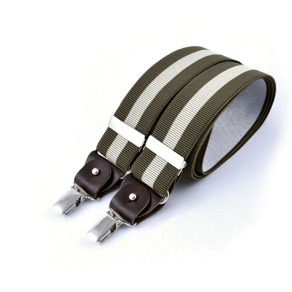 BERTELLES Bretelles Larges à Pinces et Cuir- Rayure écru sur kaki