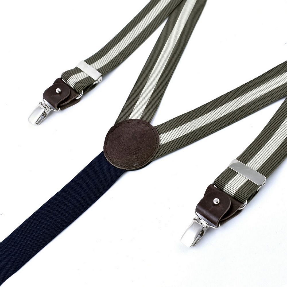 BERTELLES Bretelles Larges à Pinces et Cuir- Rayure écru sur kaki